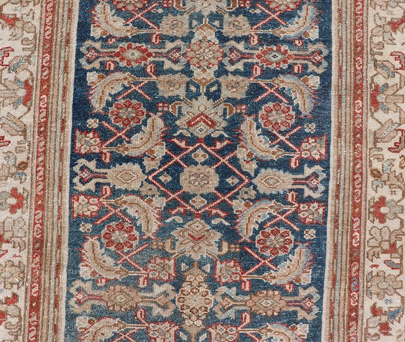 Measures: 3'1 x 16'6 Antique Malayer Persian Long Runner With All - Over Design In Blue and Tan. Keivan Woven Arts/ rug/EMB - 22256, country of origin / type: Iran / Malayer, circa 1920 This exquisite antique Malayer runner showcases the distinc... - Keivan Woven ArtsEMB - 22256 - 22556Rug