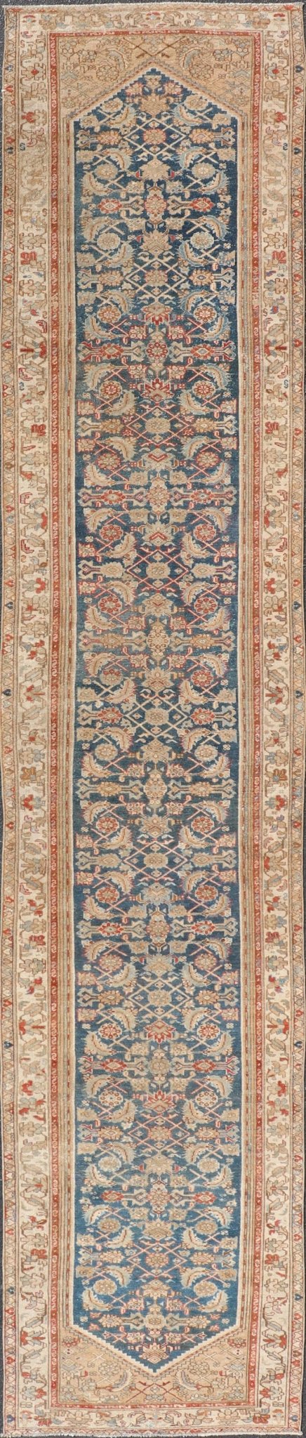 Measures: 3'1 x 16'6 Antique Malayer Persian Long Runner With All - Over Design In Blue and Tan. Keivan Woven Arts/ rug/EMB - 22256, country of origin / type: Iran / Malayer, circa 1920 This exquisite antique Malayer runner showcases the distinc... - Keivan Woven ArtsEMB - 22256 - 22556Rug