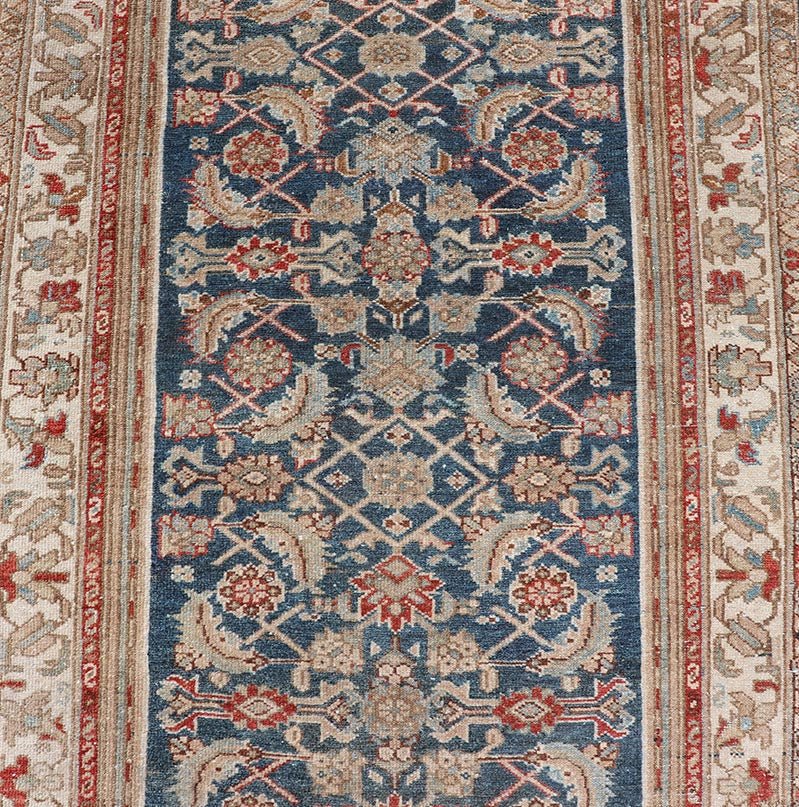 Measures: 3'1 x 16'6 Antique Malayer Persian Long Runner With All - Over Design In Blue and Tan. Keivan Woven Arts/ rug/EMB - 22256, country of origin / type: Iran / Malayer, circa 1920 This exquisite antique Malayer runner showcases the distinc... - Keivan Woven ArtsEMB - 22256 - 22556Rug