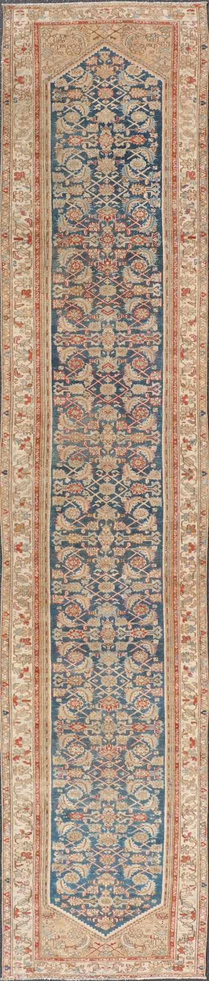 Measures: 3'1 x 16'6 Antique Malayer Persian Long Runner With All - Over Design In Blue and Tan. Keivan Woven Arts/ rug/EMB - 22256, country of origin / type: Iran / Malayer, circa 1920 This exquisite antique Malayer runner showcases the distinc... - Keivan Woven ArtsEMB - 22256 - 22556