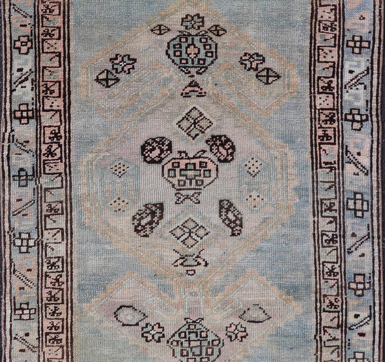Measures: 3'0 x 4'5 This refined antique Persian Kurdish rug showcases a sophisticated blend of geometric designs and subtle color palette, exemplifying the understated beauty of Kurdish weaving. The rug features a serene light blue field that sets... - Keivan Woven ArtsEMB - 22286 - 26772