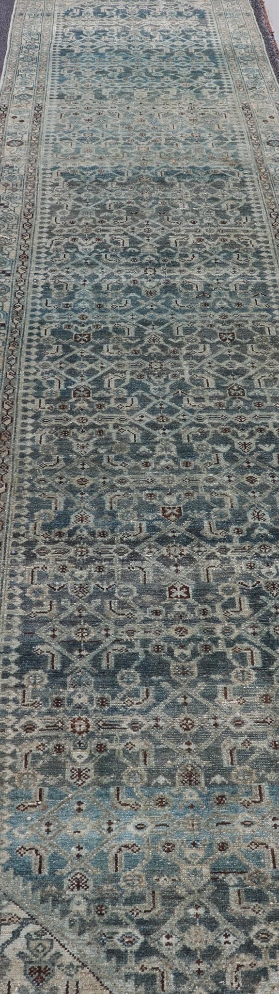 Measures: 3'8 x 17'4 Keivan Woven Arts Malayer Persian Long Runner in Blue's. Keivan Woven Arts / rug/EMB - 40, country of origin / type: Iran / Malayer, circa 1920. This beautiful antique Malayer runner from Persia features an elaborate all - over ... - Keivan Woven ArtsEMB - 40 - 27628Rug