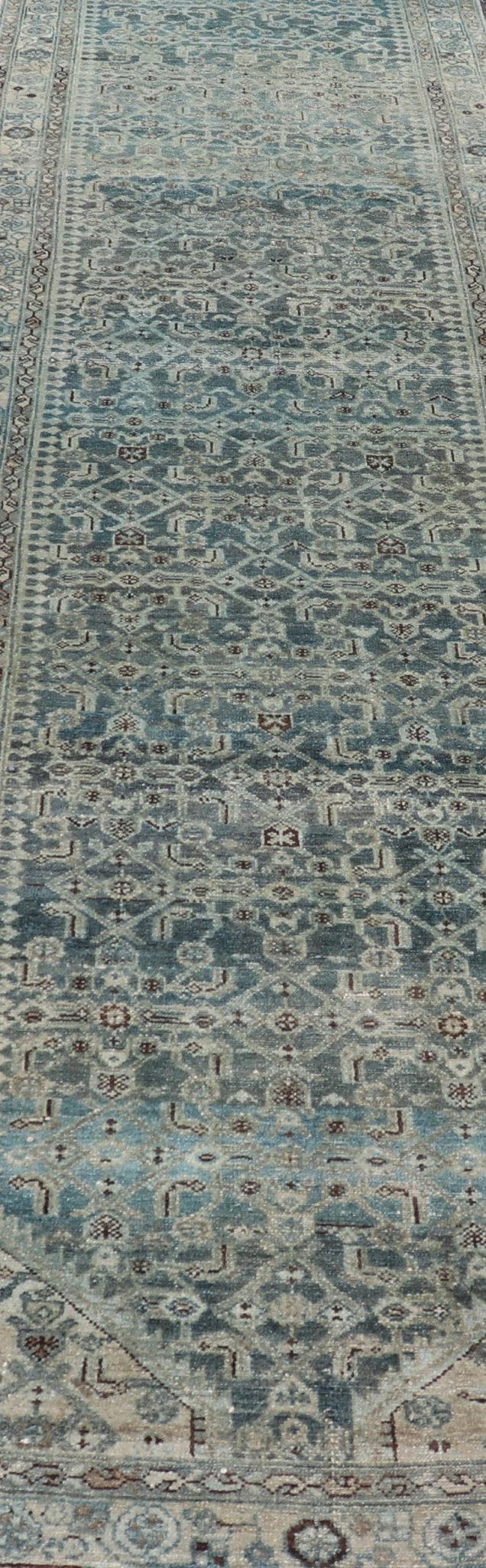 Measures: 3'8 x 17'4 Keivan Woven Arts Malayer Persian Long Runner in Blue's. Keivan Woven Arts / rug/EMB - 40, country of origin / type: Iran / Malayer, circa 1920. This beautiful antique Malayer runner from Persia features an elaborate all - over ... - Keivan Woven ArtsEMB - 40 - 27628Rug