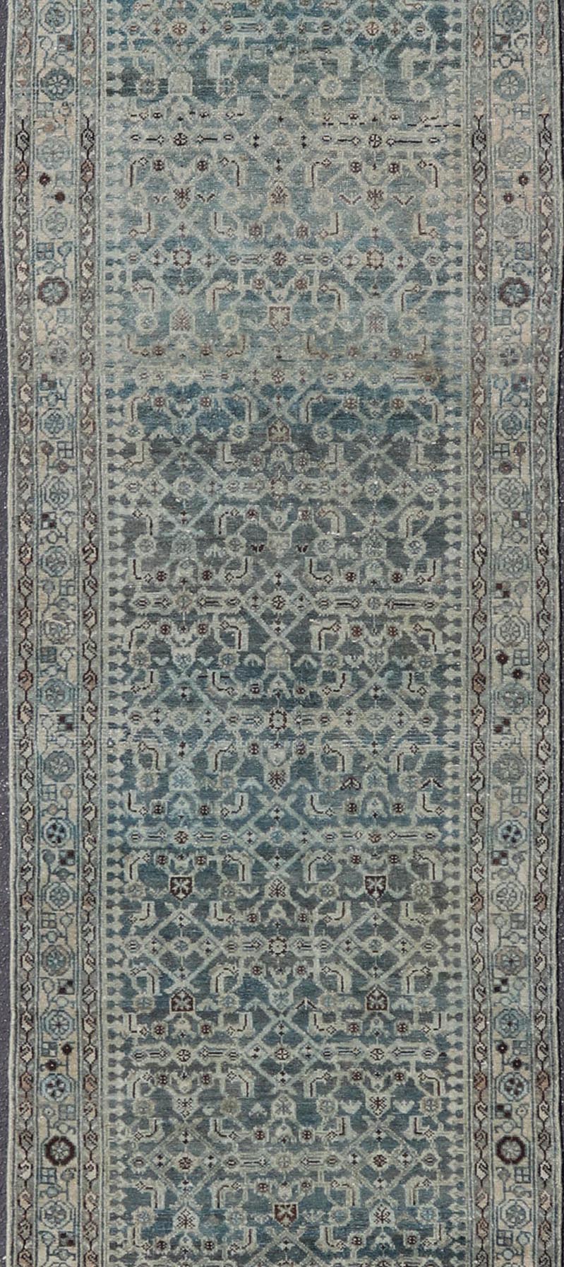 Measures: 3'8 x 17'4 Keivan Woven Arts Malayer Persian Long Runner in Blue's. Keivan Woven Arts / rug/EMB - 40, country of origin / type: Iran / Malayer, circa 1920. This beautiful antique Malayer runner from Persia features an elaborate all - over ... - Keivan Woven ArtsEMB - 40 - 27628Rug