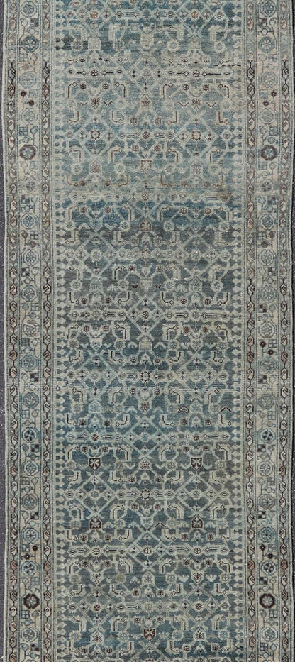 Measures: 3'8 x 17'4 Keivan Woven Arts Malayer Persian Long Runner in Blue's. Keivan Woven Arts / rug/EMB - 40, country of origin / type: Iran / Malayer, circa 1920. This beautiful antique Malayer runner from Persia features an elaborate all - over ... - Keivan Woven ArtsEMB - 40 - 27628Rug