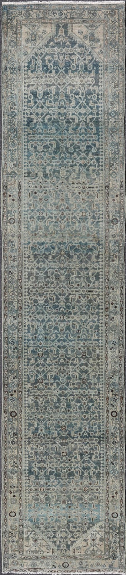 Measures: 3'8 x 17'4 Keivan Woven Arts Malayer Persian Long Runner in Blue's. Keivan Woven Arts / rug/EMB - 40, country of origin / type: Iran / Malayer, circa 1920. This beautiful antique Malayer runner from Persia features an elaborate all - over ... - Keivan Woven ArtsEMB - 40 - 27628Rug