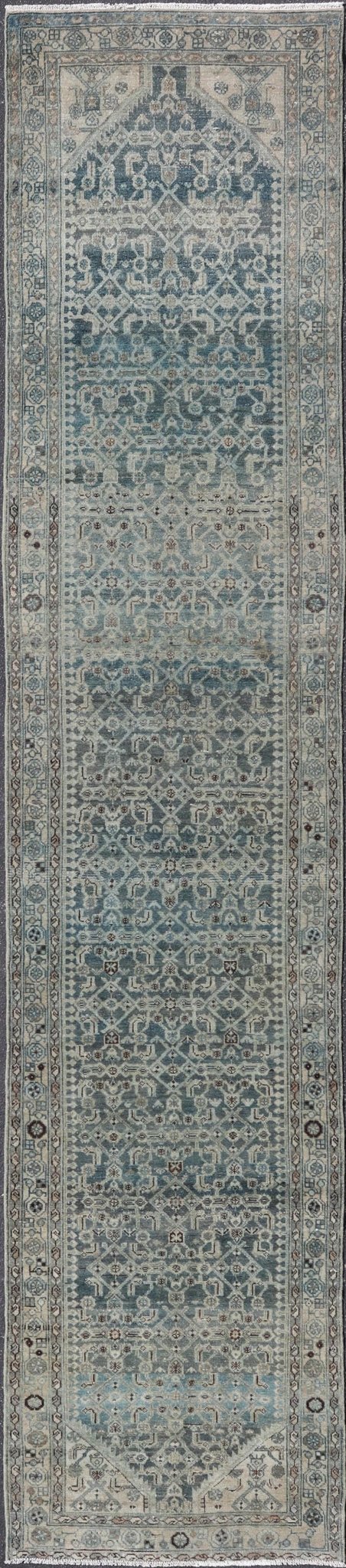 Measures: 3'8 x 17'4 Keivan Woven Arts Malayer Persian Long Runner in Blue's. Keivan Woven Arts / rug/EMB - 40, country of origin / type: Iran / Malayer, circa 1920. This beautiful antique Malayer runner from Persia features an elaborate all - over ... - Keivan Woven ArtsEMB - 40 - 27628Rug