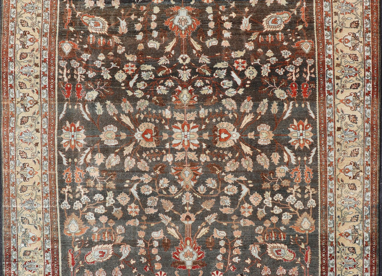 Square Antique Persian Malayer Rug with A Brown Field and Stylized Floral Design Antique Persian Malayer rug with brown field and stylized floral design, rug EMB - 8501, country of origin / type: Iran / Malayer, circa 1920 This antique Pers... - Keivan Woven ArtsEMB - 8501 - 178038 - 13612Rug