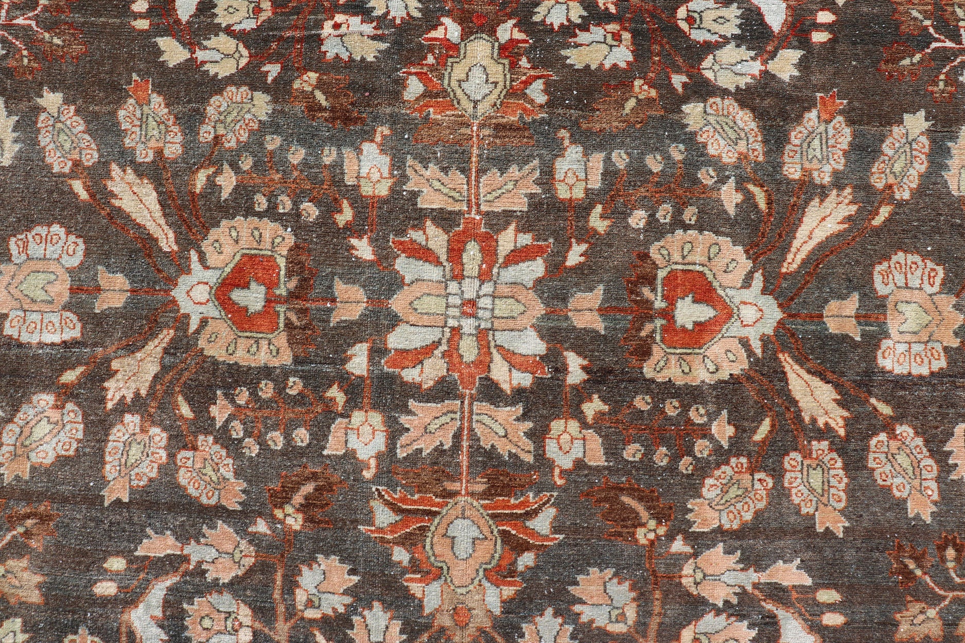 Square Antique Persian Malayer Rug with A Brown Field and Stylized Floral Design Antique Persian Malayer rug with brown field and stylized floral design, rug EMB - 8501, country of origin / type: Iran / Malayer, circa 1920 This antique Pers... - Keivan Woven ArtsEMB - 8501 - 178038 - 13612Rug