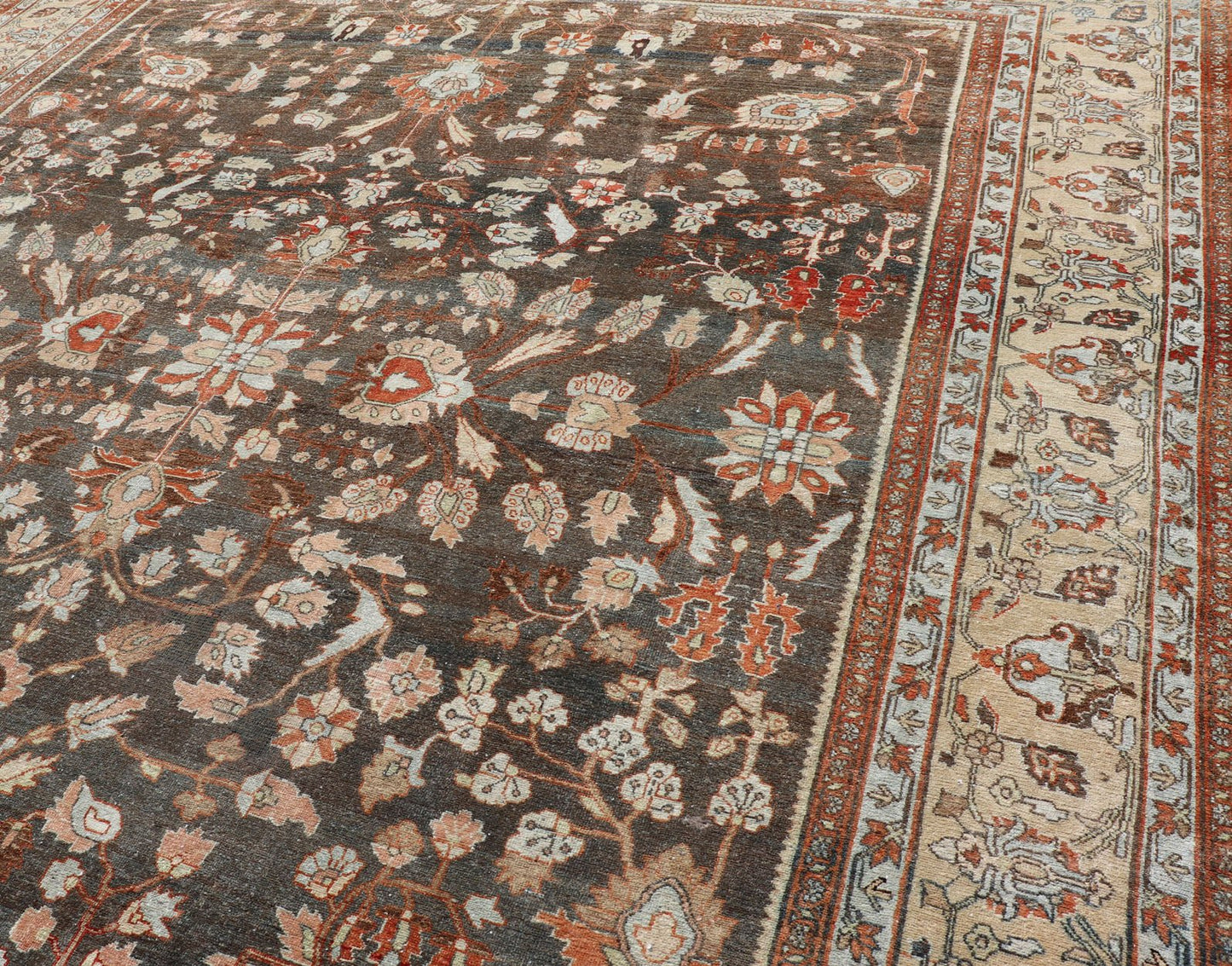 Square Antique Persian Malayer Rug with A Brown Field and Stylized Floral Design Antique Persian Malayer rug with brown field and stylized floral design, rug EMB - 8501, country of origin / type: Iran / Malayer, circa 1920 This antique Pers... - Keivan Woven ArtsEMB - 8501 - 178038 - 13612Rug