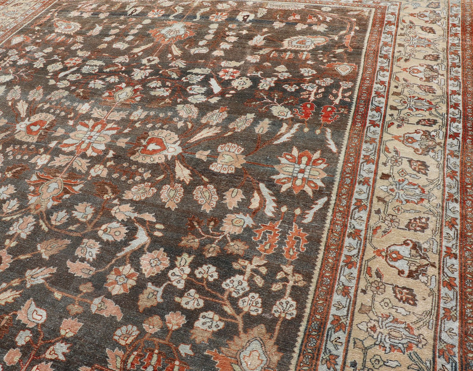 Square Antique Persian Malayer Rug with A Brown Field and Stylized Floral Design Antique Persian Malayer rug with brown field and stylized floral design, rug EMB - 8501, country of origin / type: Iran / Malayer, circa 1920 This antique Pers... - Keivan Woven ArtsEMB - 8501 - 178038 - 13612Rug