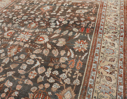 Square Antique Persian Malayer Rug with A Brown Field and Stylized Floral Design Antique Persian Malayer rug with brown field and stylized floral design, rug EMB - 8501, country of origin / type: Iran / Malayer, circa 1920 This antique Pers... - Keivan Woven ArtsEMB - 8501 - 178038 - 13612Rug