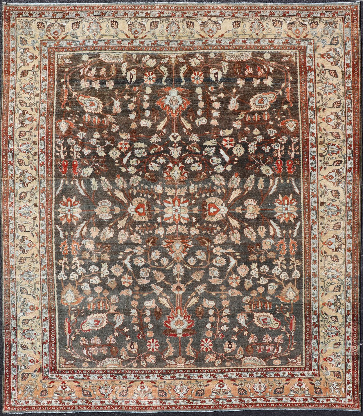 Square Antique Persian Malayer Rug with A Brown Field and Stylized Floral Design Antique Persian Malayer rug with brown field and stylized floral design, rug EMB - 8501, country of origin / type: Iran / Malayer, circa 1920 This antique Pers... - Keivan Woven ArtsEMB - 8501 - 178038 - 13612Rug