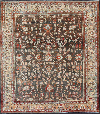 Square Antique Persian Malayer Rug with A Brown Field and Stylized Floral Design Antique Persian Malayer rug with brown field and stylized floral design, rug EMB - 8501, country of origin / type: Iran / Malayer, circa 1920 This antique Pers... - Keivan Woven ArtsEMB - 8501 - 178038 - 13612Rug