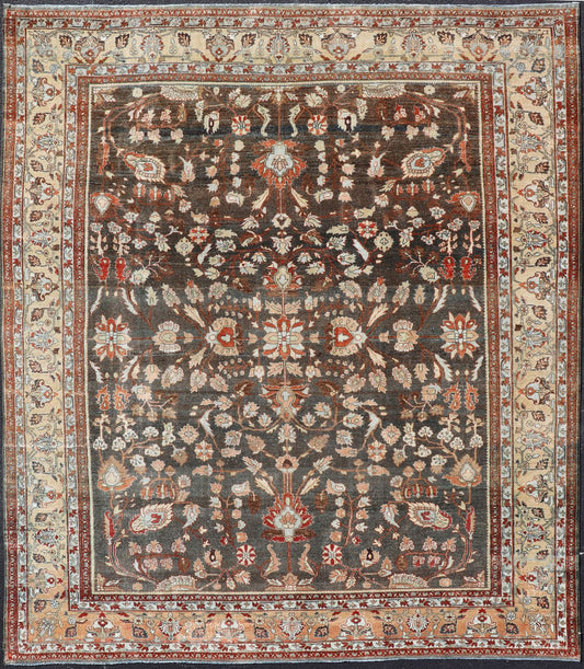Square Antique Persian Malayer Rug with A Brown Field and Stylized Floral Design Antique Persian Malayer rug with brown field and stylized floral design, rug EMB - 8501, country of origin / type: Iran / Malayer, circa 1920 This antique Pers... - Keivan Woven ArtsEMB - 8501 - 178038 - 13612Rug
