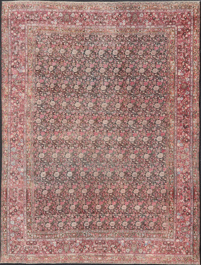 Antique Persian Khorasan Rug with Floral Design in Charcoal, Brown & Rose Red. Distressed Persian Rug Antique distressed rug. distressed antique rug Large Antique Persian Khorasan rug with floral design in charcoal background and, red pink. Keiv... - Keivan Woven ArtsEMB - 8502 - 178037 - 13618Rug