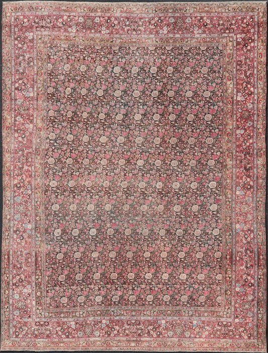 Antique Persian Khorasan Rug with Floral Design in Charcoal, Brown & Rose Red. Distressed Persian Rug Antique distressed rug. distressed antique rug Large Antique Persian Khorasan rug with floral design in charcoal background and, red pink. Keiv... - Keivan Woven ArtsEMB - 8502 - 178037 - 13618Rug