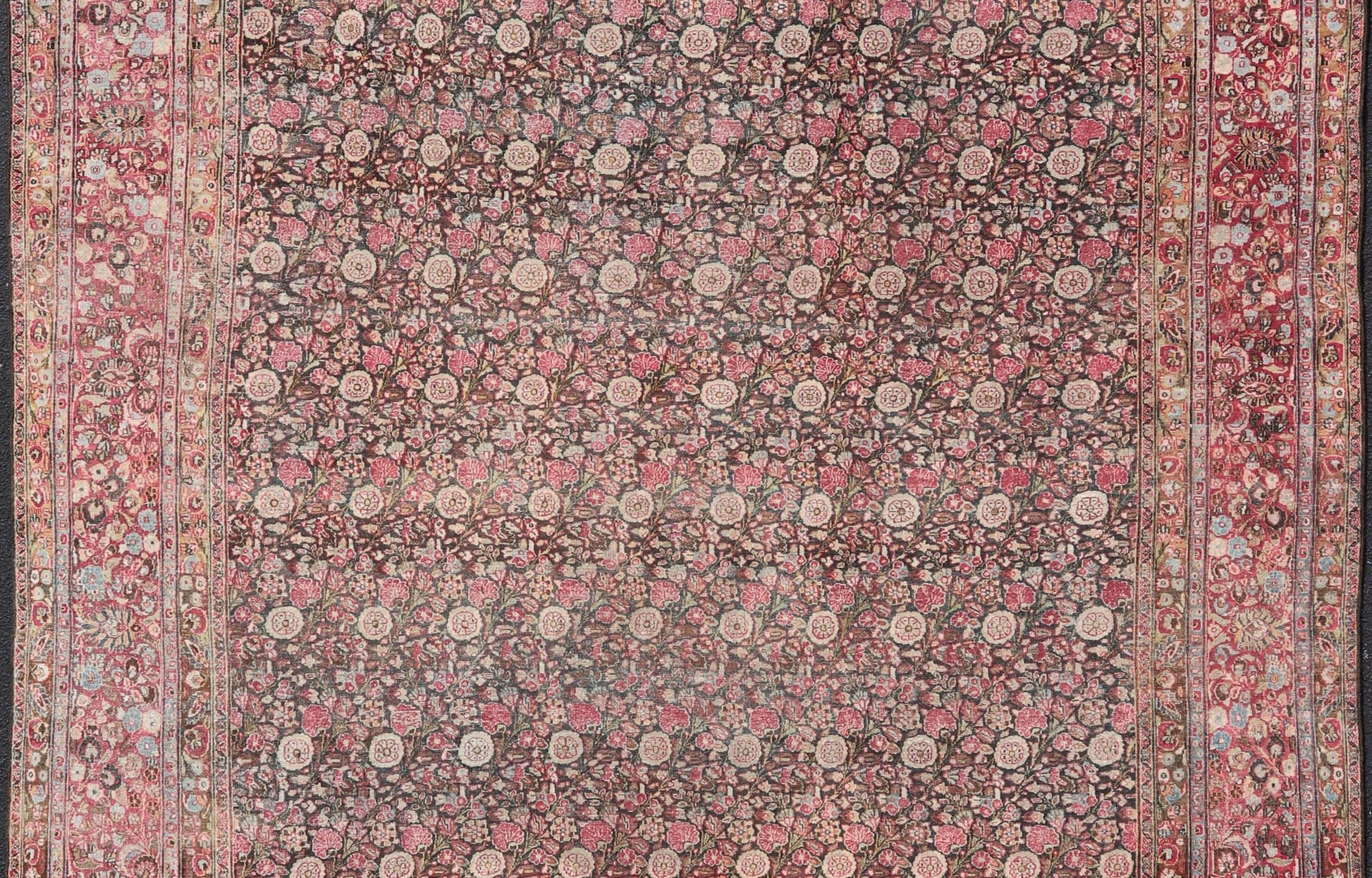 Antique Persian Khorasan Rug with Floral Design in Charcoal, Brown & Rose Red. Distressed Persian Rug Antique distressed rug. distressed antique rug Large Antique Persian Khorasan rug with floral design in charcoal background and, red pink. Keiv... - Keivan Woven ArtsEMB - 8502 - 178037 - 13618Rug