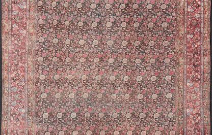 Antique Persian Khorasan Rug with Floral Design in Charcoal, Brown & Rose Red. Distressed Persian Rug Antique distressed rug. distressed antique rug Large Antique Persian Khorasan rug with floral design in charcoal background and, red pink. Keiv... - Keivan Woven ArtsEMB - 8502 - 178037 - 13618Rug