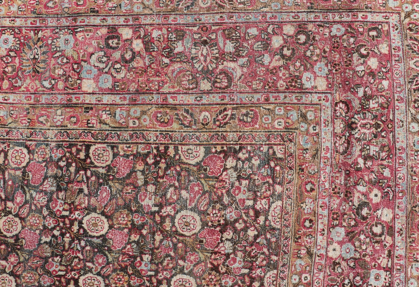 Antique Persian Khorasan Rug with Floral Design in Charcoal, Brown & Rose Red. Distressed Persian Rug Antique distressed rug. distressed antique rug Large Antique Persian Khorasan rug with floral design in charcoal background and, red pink. Keiv... - Keivan Woven ArtsEMB - 8502 - 178037 - 13618Rug