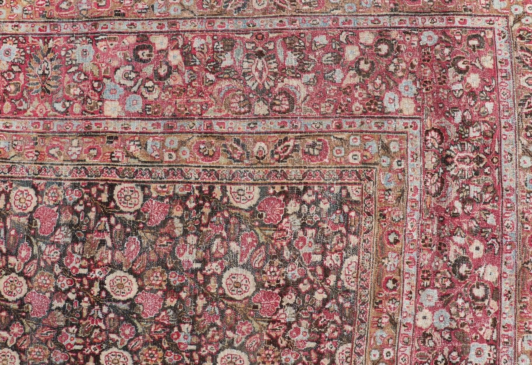Antique Persian Khorasan Rug with Floral Design in Charcoal, Brown & Rose Red. Distressed Persian Rug Antique distressed rug. distressed antique rug Large Antique Persian Khorasan rug with floral design in charcoal background and, red pink. Keiv... - Keivan Woven ArtsEMB - 8502 - 178037 - 13618Rug