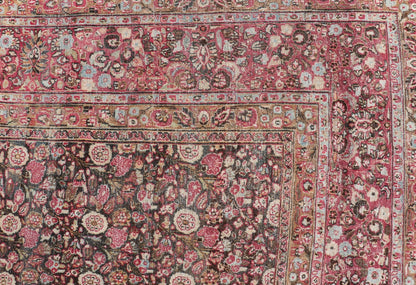 Antique Persian Khorasan Rug with Floral Design in Charcoal, Brown & Rose Red. Distressed Persian Rug Antique distressed rug. distressed antique rug Large Antique Persian Khorasan rug with floral design in charcoal background and, red pink. Keiv... - Keivan Woven ArtsEMB - 8502 - 178037 - 13618Rug