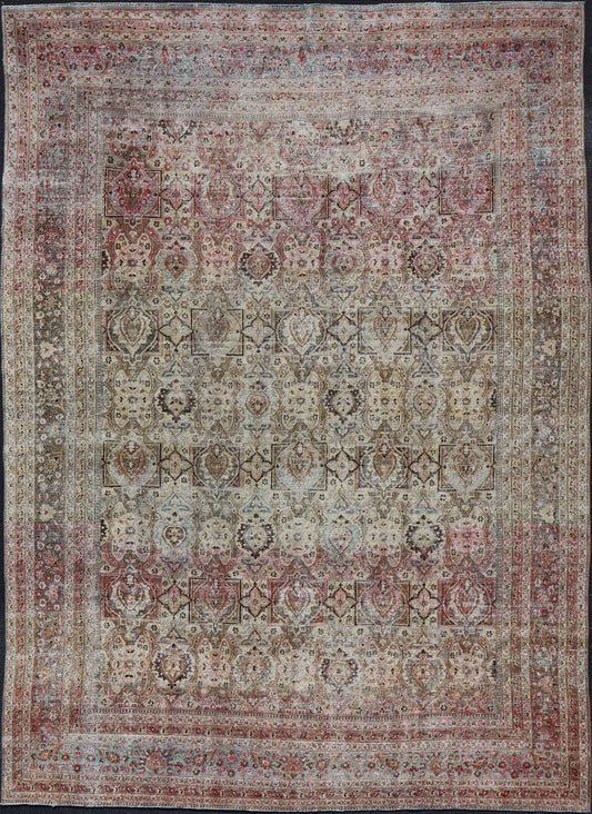 Distressed Antique Persian Khorassan Rug with Palmettes, Geometric Flowers in Soft Tones Distressed Antique Persian Khorassan Rug with Stretched Palmettes and Vining Flowers, Keivan Woven Arts rug/EMB - 8503, origin/ Iran. Colors include light g... - Keivan Woven ArtsEMB - 8503 - 178039 - 13624