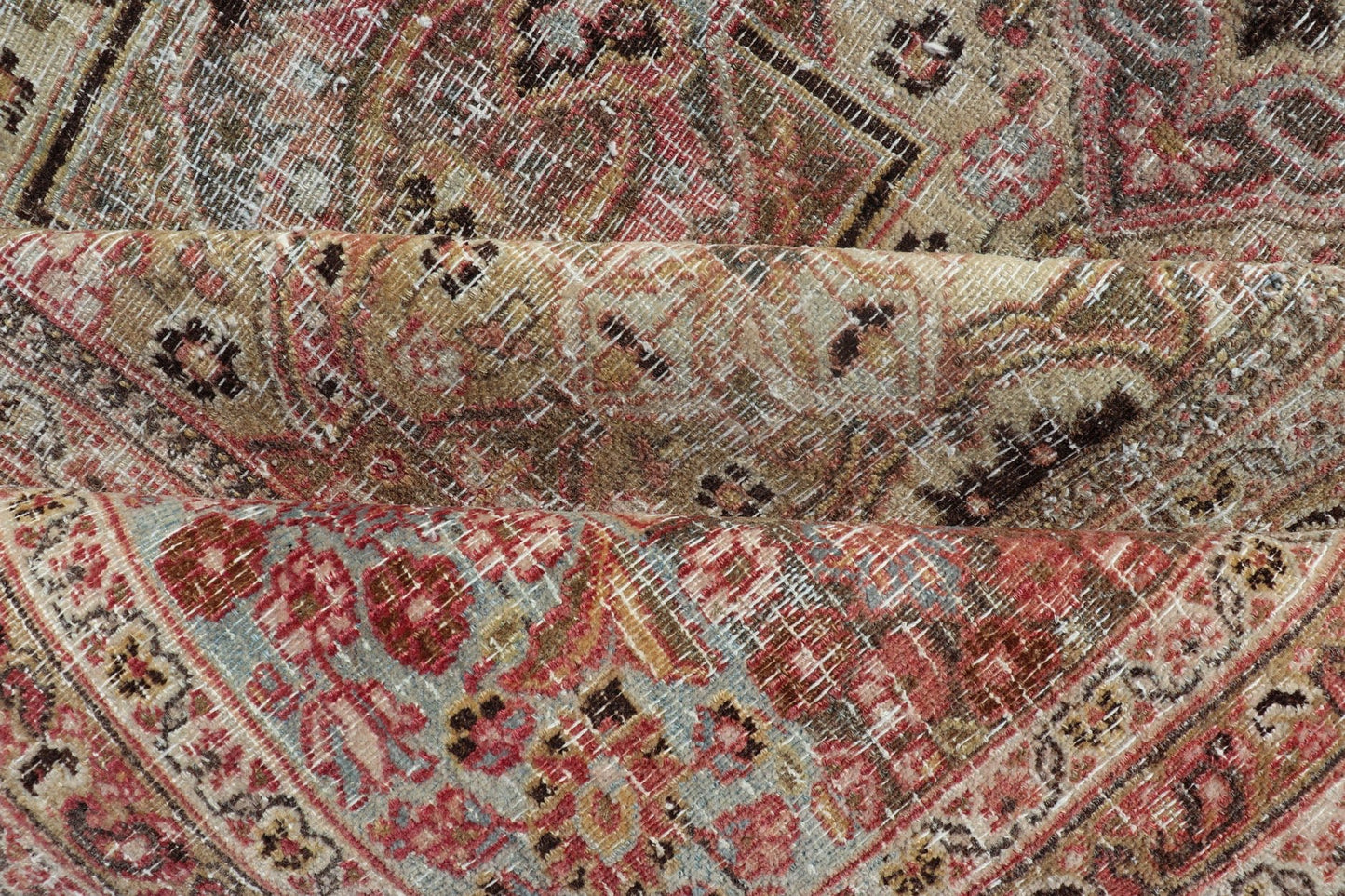 Distressed Antique Persian Khorassan Rug with Palmettes, Geometric Flowers in Soft Tones Distressed Antique Persian Khorassan Rug with Stretched Palmettes and Vining Flowers, Keivan Woven Arts rug/EMB - 8503, origin/ Iran. Colors include light g... - Keivan Woven ArtsEMB - 8503 - 178039 - 13624Rug