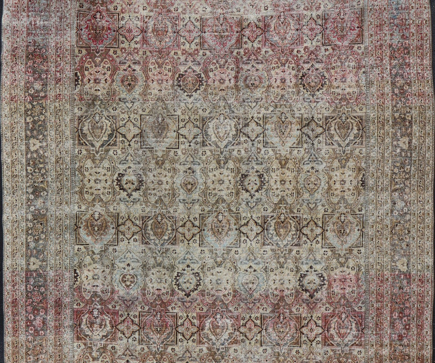 Distressed Antique Persian Khorassan Rug with Palmettes, Geometric Flowers in Soft Tones Distressed Antique Persian Khorassan Rug with Stretched Palmettes and Vining Flowers, Keivan Woven Arts rug/EMB - 8503, origin/ Iran. Colors include light g... - Keivan Woven ArtsEMB - 8503 - 178039 - 13624Rug