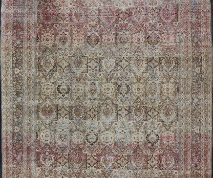 Distressed Antique Persian Khorassan Rug with Palmettes, Geometric Flowers in Soft Tones Distressed Antique Persian Khorassan Rug with Stretched Palmettes and Vining Flowers, Keivan Woven Arts rug/EMB - 8503, origin/ Iran. Colors include light g... - Keivan Woven ArtsEMB - 8503 - 178039 - 13624Rug