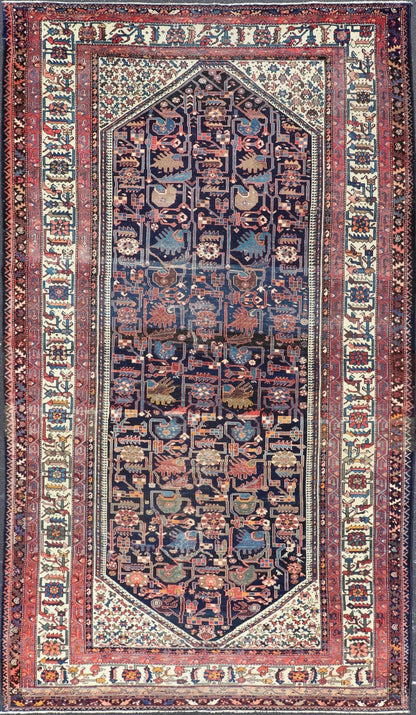 Antique Persian Gallery Hamadan distressed Runner in Blue Background, Multi Colors. A unique design, antique Persian Hamadan gallery runner with all - over geometric motifs, rug EMB - 8505 - 178408, country of origin / type: Iran / Hamadan, circa 1910... - Keivan Woven ArtsEMB - 8505 - 178408 - 13628Rug