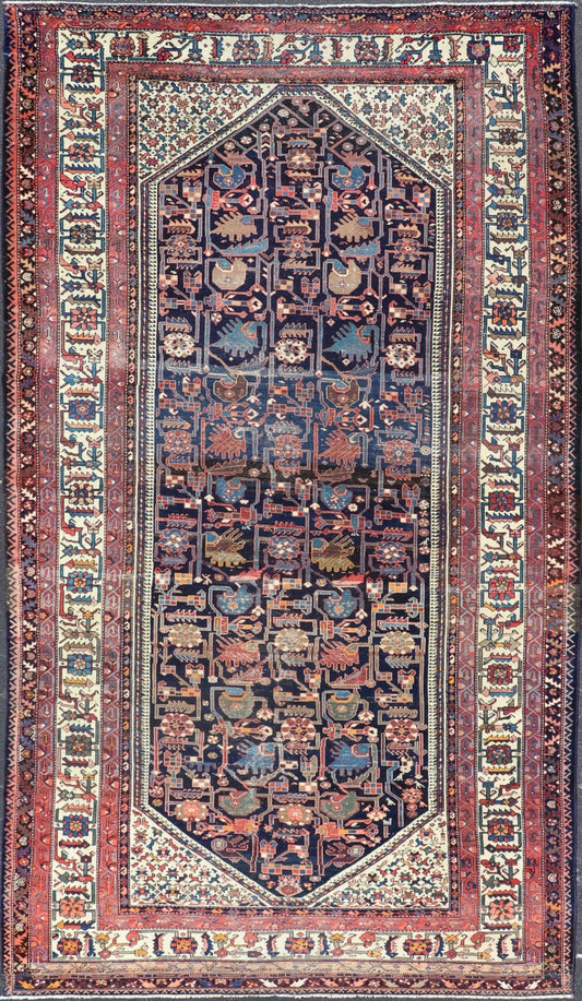 Antique Persian Gallery Hamadan distressed Runner in Blue Background, Multi Colors. A unique design, antique Persian Hamadan gallery runner with all - over geometric motifs, rug EMB - 8505 - 178408, country of origin / type: Iran / Hamadan, circa 1910... - Keivan Woven ArtsEMB - 8505 - 178408 - 13628Rug