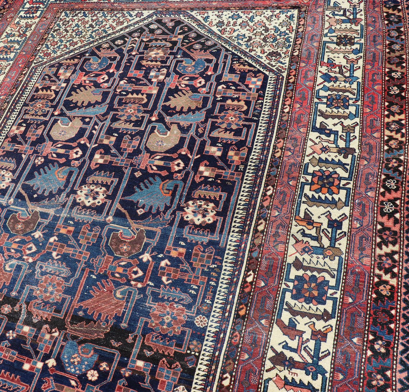 Antique Persian Gallery Hamadan distressed Runner in Blue Background, Multi Colors. A unique design, antique Persian Hamadan gallery runner with all - over geometric motifs, rug EMB - 8505 - 178408, country of origin / type: Iran / Hamadan, circa 1910... - Keivan Woven ArtsEMB - 8505 - 178408 - 13628Rug