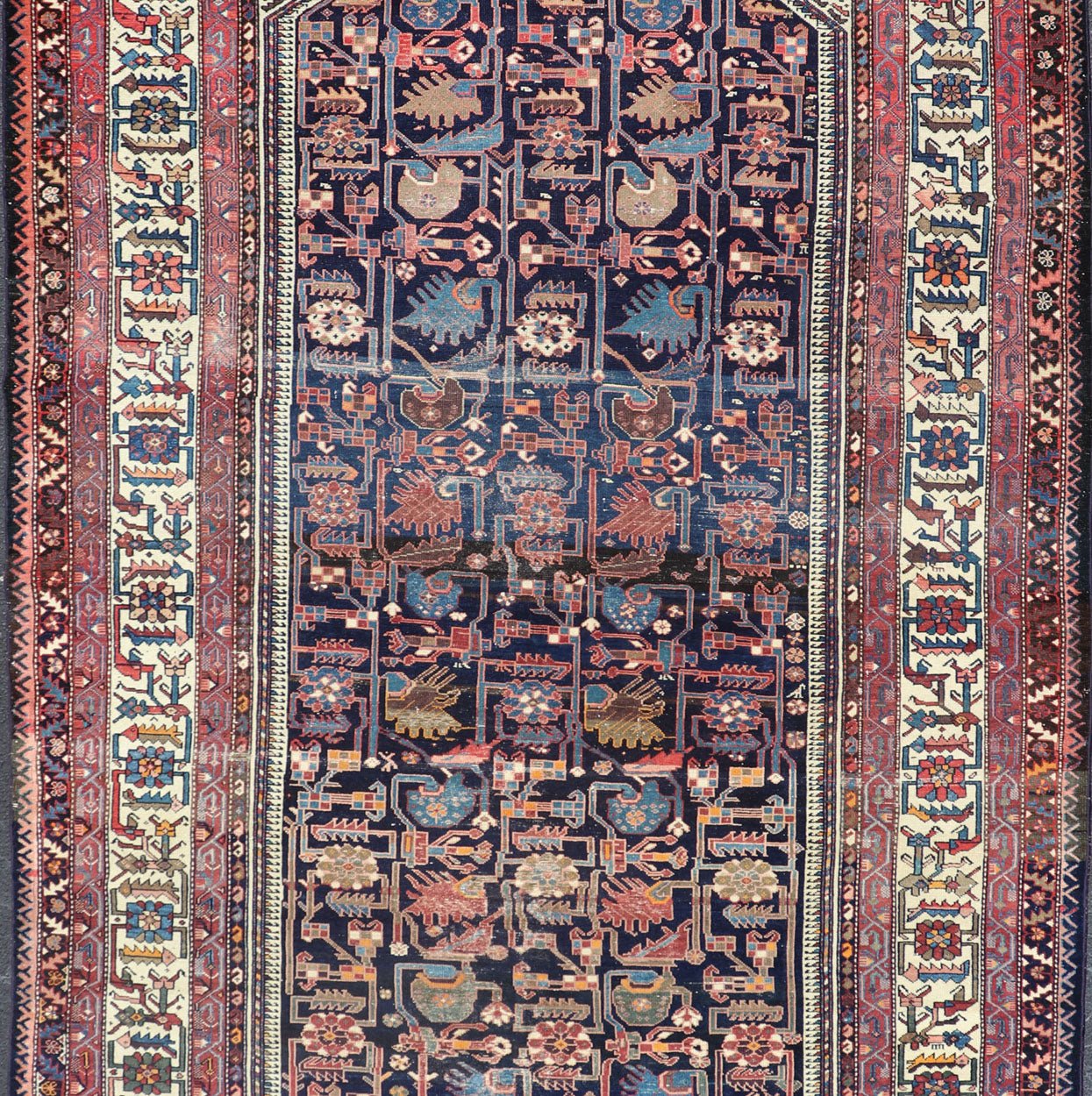 Antique Persian Gallery Hamadan distressed Runner in Blue Background, Multi Colors. A unique design, antique Persian Hamadan gallery runner with all - over geometric motifs, rug EMB - 8505 - 178408, country of origin / type: Iran / Hamadan, circa 1910... - Keivan Woven ArtsEMB - 8505 - 178408 - 13628Rug