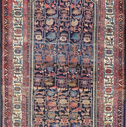 Antique Persian Gallery Hamadan distressed Runner in Blue Background, Multi Colors. A unique design, antique Persian Hamadan gallery runner with all - over geometric motifs, rug EMB - 8505 - 178408, country of origin / type: Iran / Hamadan, circa 1910... - Keivan Woven ArtsEMB - 8505 - 178408 - 13628Rug