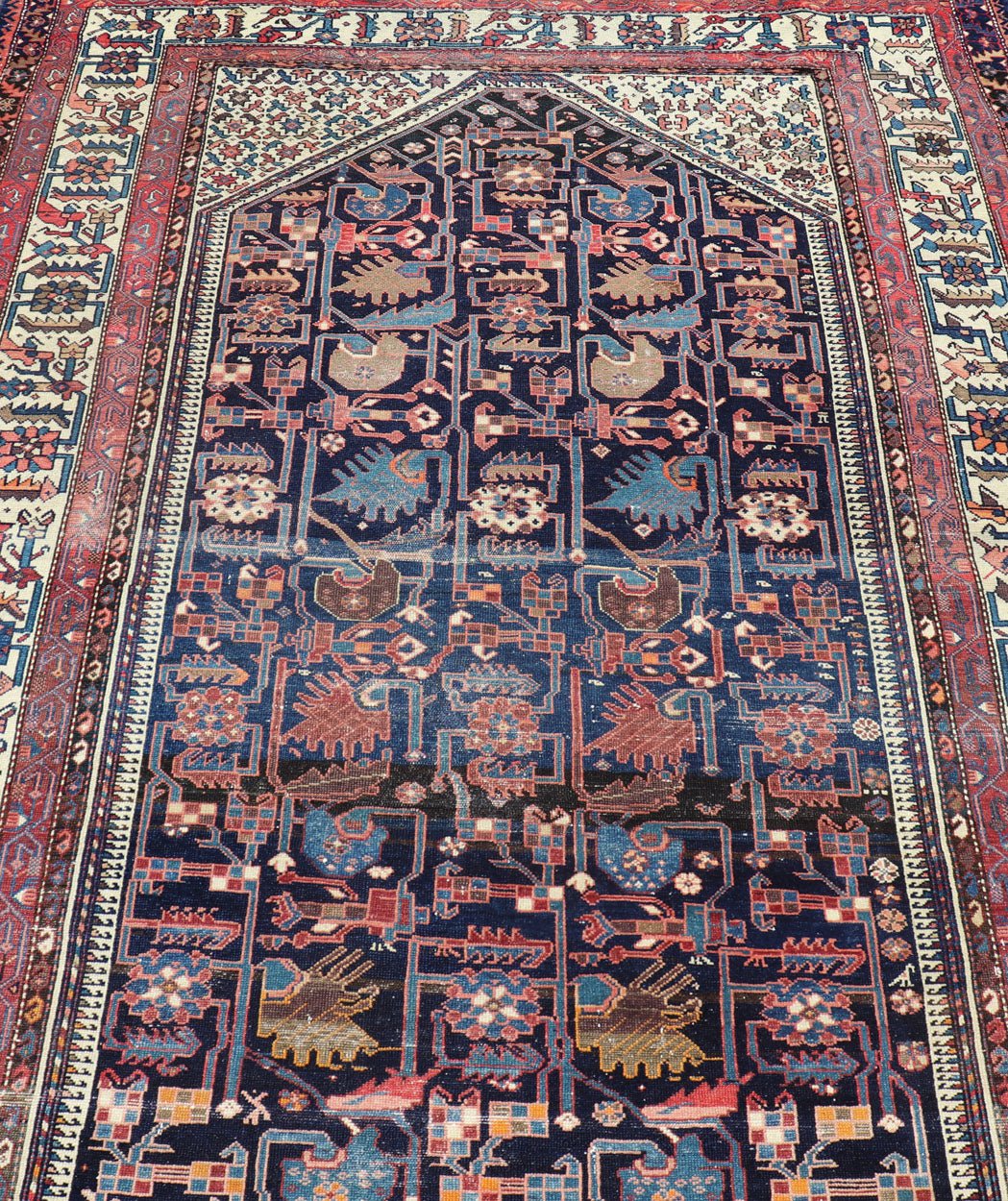 Antique Persian Gallery Hamadan distressed Runner in Blue Background, Multi Colors. A unique design, antique Persian Hamadan gallery runner with all - over geometric motifs, rug EMB - 8505 - 178408, country of origin / type: Iran / Hamadan, circa 1910... - Keivan Woven ArtsEMB - 8505 - 178408 - 13628Rug