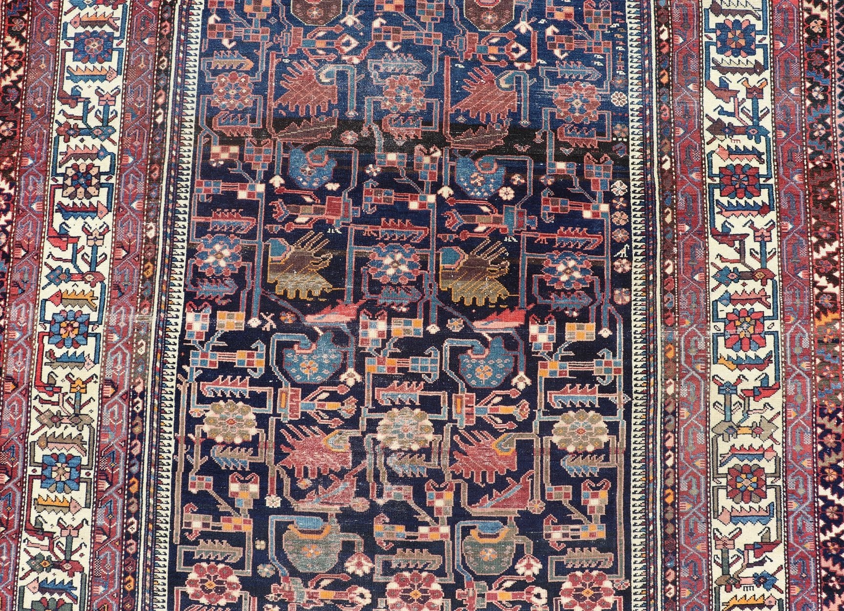 Antique Persian Gallery Hamadan distressed Runner in Blue Background, Multi Colors. A unique design, antique Persian Hamadan gallery runner with all - over geometric motifs, rug EMB - 8505 - 178408, country of origin / type: Iran / Hamadan, circa 1910... - Keivan Woven ArtsEMB - 8505 - 178408 - 13628Rug