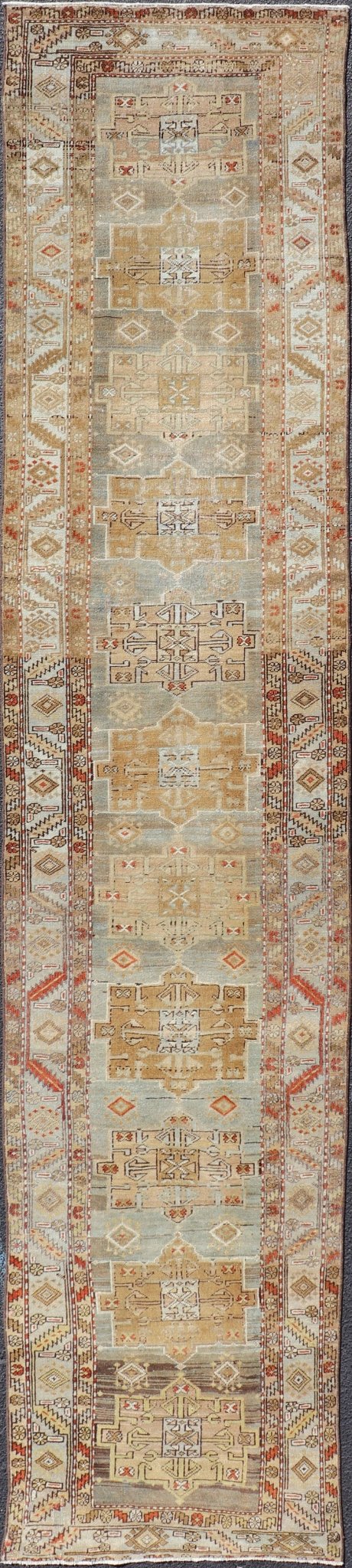 Long distressed antique Persian Searpi Heriz Runner with geometric Medallions in Light Color Tones such as gray, blue, yellow, brown, red, camel. Antique distressed runner, distressed Persian Runner, Distressed antique Persian Runner. Heriz Sea... - Keivan Woven ArtsEMB - 8508 - 178410 - 13638Rug