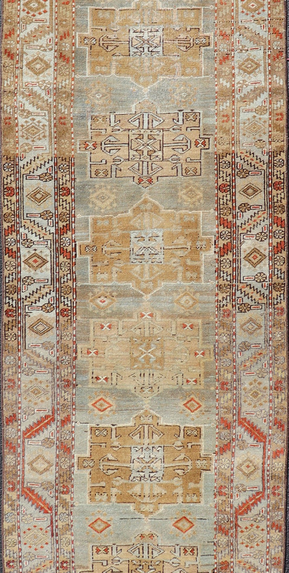 Long distressed antique Persian Searpi Heriz Runner with geometric Medallions in Light Color Tones such as gray, blue, yellow, brown, red, camel. Antique distressed runner, distressed Persian Runner, Distressed antique Persian Runner. Heriz Sea... - Keivan Woven ArtsEMB - 8508 - 178410 - 13638Rug
