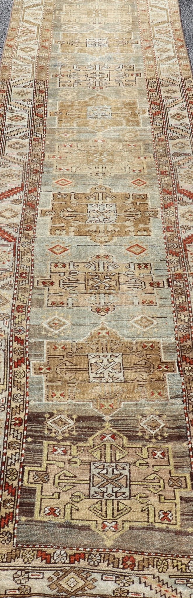Long distressed antique Persian Searpi Heriz Runner with geometric Medallions in Light Color Tones such as gray, blue, yellow, brown, red, camel. Antique distressed runner, distressed Persian Runner, Distressed antique Persian Runner. Heriz Sea... - Keivan Woven ArtsEMB - 8508 - 178410 - 13638Rug