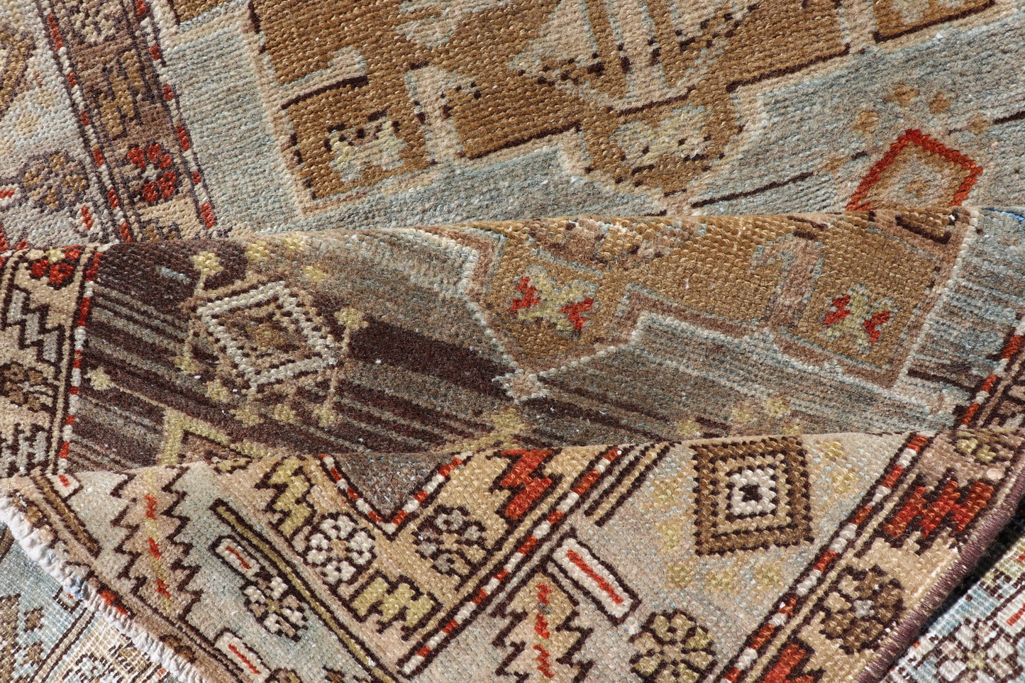 Long distressed antique Persian Searpi Heriz Runner with geometric Medallions in Light Color Tones such as gray, blue, yellow, brown, red, camel. Antique distressed runner, distressed Persian Runner, Distressed antique Persian Runner. Heriz Sea... - Keivan Woven ArtsEMB - 8508 - 178410 - 13638Rug