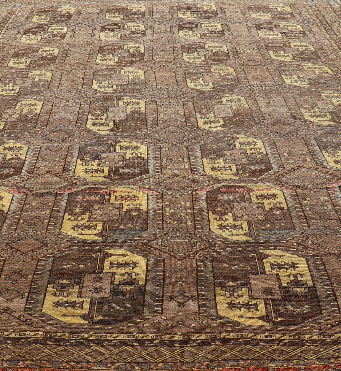 Large Antique Turkomen Ersari Rug with All - Over Bokhara Design in Coffee, Tan, Brown and Yellow Antique Persian rug in neutral tones with geometric motifs and yellow, rug EMB - 8511, Turkomen, circa 1930. This Turkomen carpet from 1930 is c... - Keivan Woven ArtsEMB - 8511 - 178412 - 13642Rug