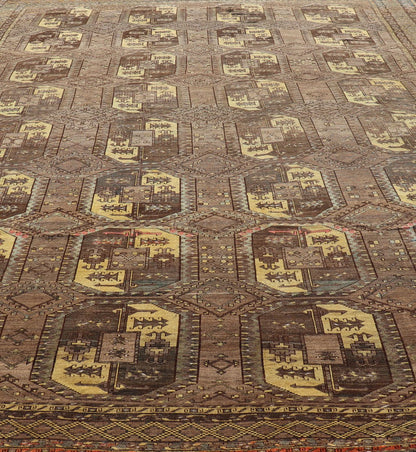 Large Antique Turkomen Ersari Rug with All - Over Bokhara Design in Coffee, Tan, Brown and Yellow Antique Persian rug in neutral tones with geometric motifs and yellow, rug EMB - 8511, Turkomen, circa 1930. This Turkomen carpet from 1930 is c... - Keivan Woven ArtsEMB - 8511 - 178412 - 13642Rug