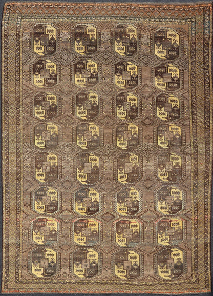 Large Antique Turkomen Ersari Rug with All - Over Bokhara Design in Coffee, Tan, Brown and Yellow Antique Persian rug in neutral tones with geometric motifs and yellow, rug EMB - 8511, Turkomen, circa 1930. This Turkomen carpet from 1930 is c... - Keivan Woven ArtsEMB - 8511 - 178412 - 13642Rug