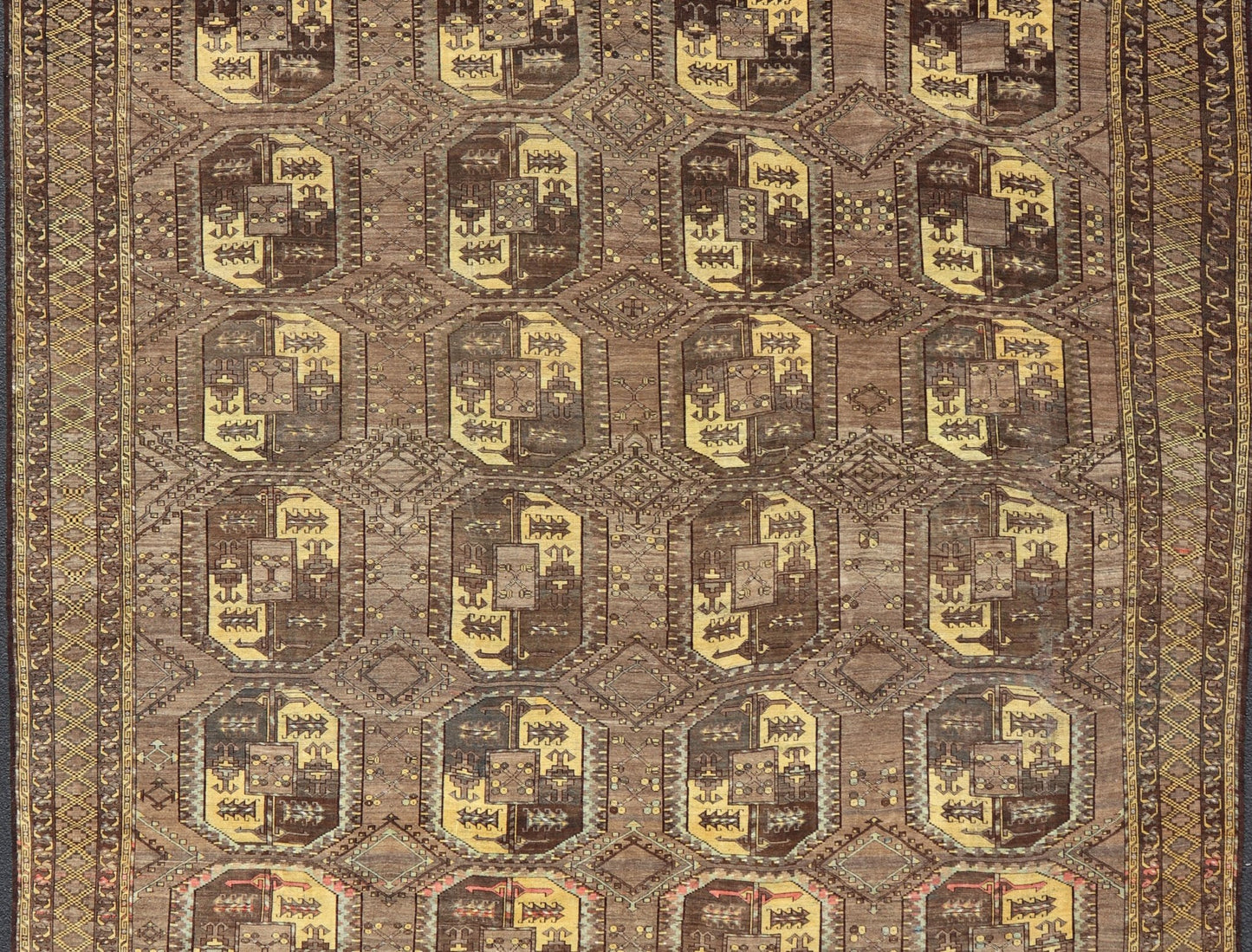 Large Antique Turkomen Ersari Rug with All - Over Bokhara Design in Coffee, Tan, Brown and Yellow Antique Persian rug in neutral tones with geometric motifs and yellow, rug EMB - 8511, Turkomen, circa 1930. This Turkomen carpet from 1930 is c... - Keivan Woven ArtsEMB - 8511 - 178412 - 13642Rug