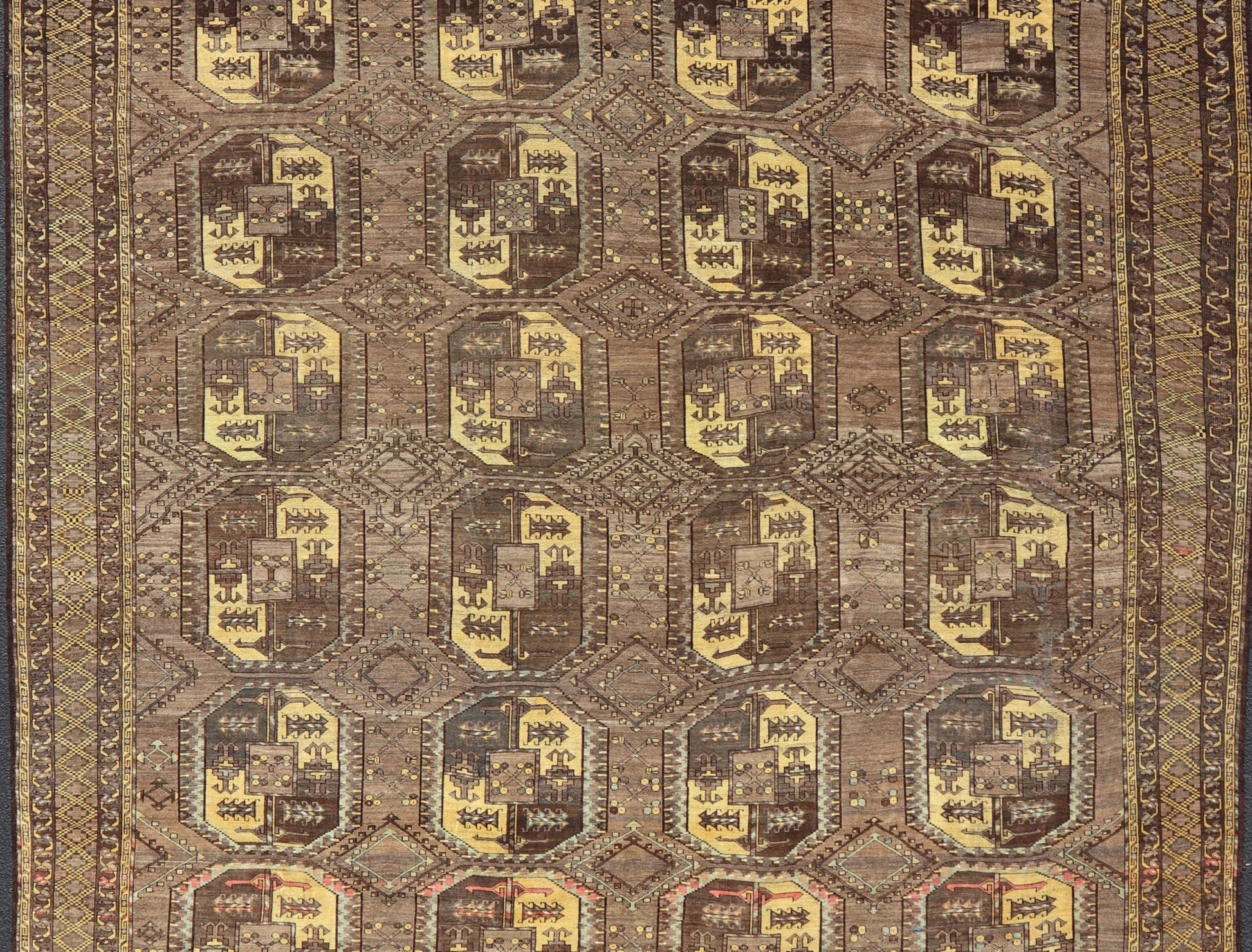 Large Antique Turkomen Ersari Rug with All - Over Bokhara Design in Coffee, Tan, Brown and Yellow Antique Persian rug in neutral tones with geometric motifs and yellow, rug EMB - 8511, Turkomen, circa 1930. This Turkomen carpet from 1930 is c... - Keivan Woven ArtsEMB - 8511 - 178412 - 13642Rug