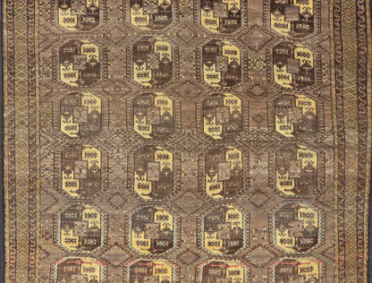 Large Antique Turkomen Ersari Rug with All - Over Bokhara Design in Coffee, Tan, Brown and Yellow Antique Persian rug in neutral tones with geometric motifs and yellow, rug EMB - 8511, Turkomen, circa 1930. This Turkomen carpet from 1930 is c... - Keivan Woven ArtsEMB - 8511 - 178412 - 13642Rug