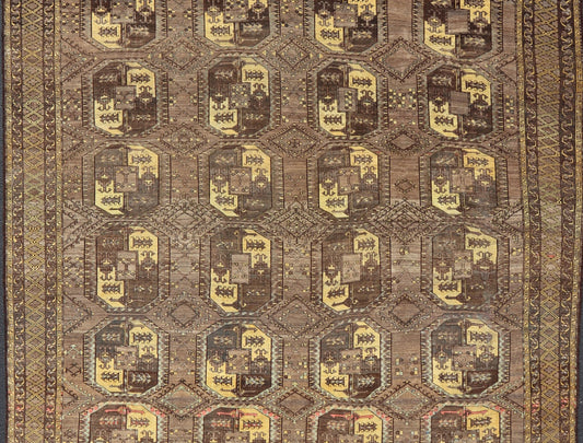 Large Antique Turkomen Ersari Rug with All - Over Bokhara Design in Coffee, Tan, Brown and Yellow Antique Persian rug in neutral tones with geometric motifs and yellow, rug EMB - 8511, Turkomen, circa 1930. This Turkomen carpet from 1930 is c... - Keivan Woven ArtsEMB - 8511 - 178412 - 13642Rug