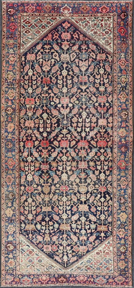 Antique Persian Malayer Gallery Rug with Geometric All - Over Herati Design. Distressed rug, antique distressed rug Multicolored distressed antique Persian Malayer gallery rug with geometric Herati motifs, rug EMB - 8513 - 178293, country of origin /... - Keivan Woven ArtsEMB - 8513 - 178293 - 13652