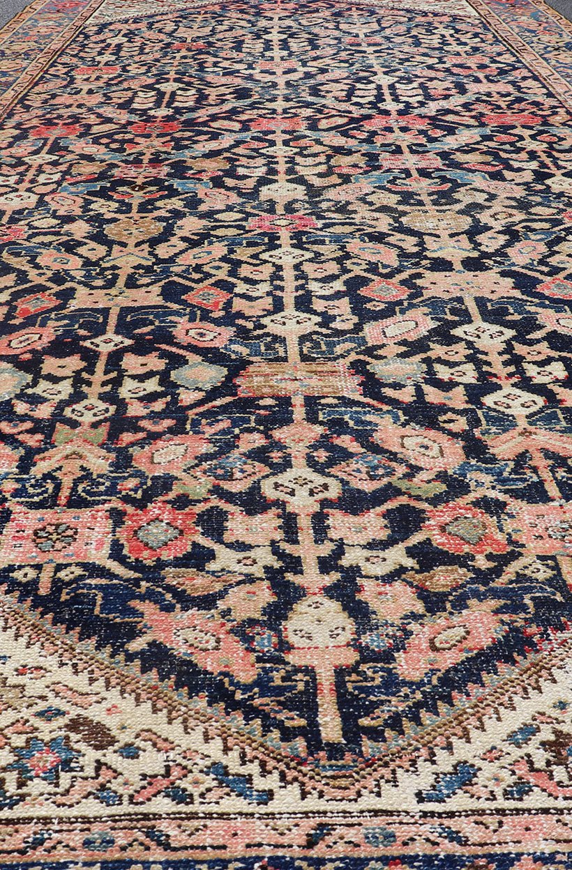 Antique Persian Malayer Gallery Rug with Geometric All - Over Herati Design. Distressed rug, antique distressed rug Multicolored distressed antique Persian Malayer gallery rug with geometric Herati motifs, rug EMB - 8513 - 178293, country of origin /... - Keivan Woven ArtsEMB - 8513 - 178293 - 13652Rug